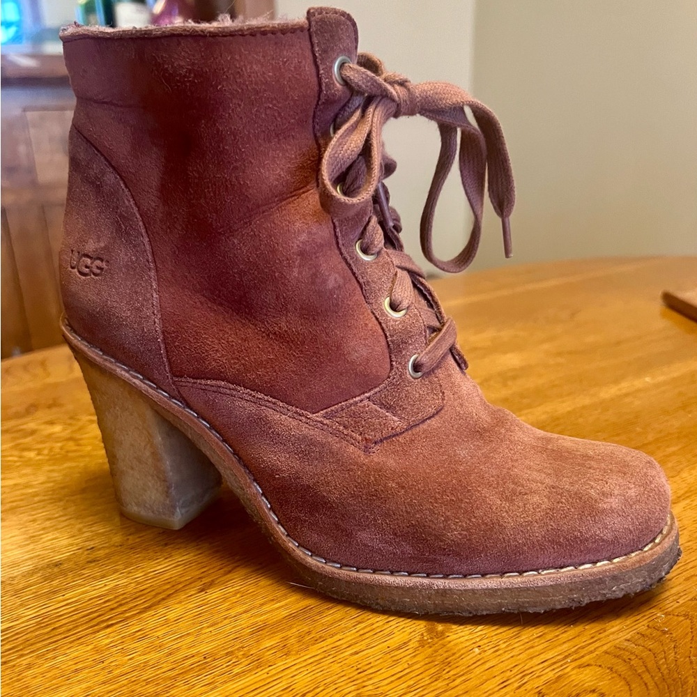 UGG Vintage Heeled Suede and Sheepskin Combat Boots, Size 8